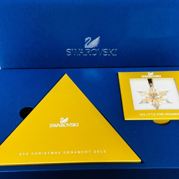 NIB Swarovski SCS 2015 Set Stand W 2 Gold Christmas Crystal Ornaments #5135951 - Picture 5 of 9
